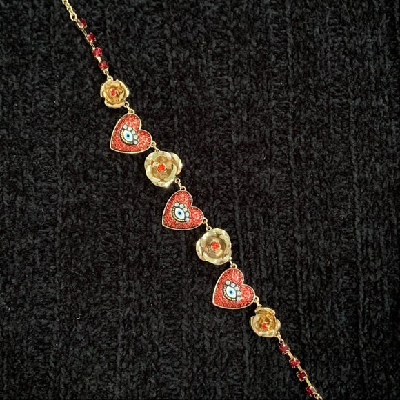BETSEY JOHNSON Pavé Crystals Hearts Roses Eyes Gold & Red NECKLACE! - Picture 5 of 8